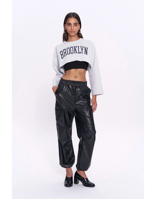 Kargo Cep Detaylı Beli Lastikli Deri Pantolon Siyah