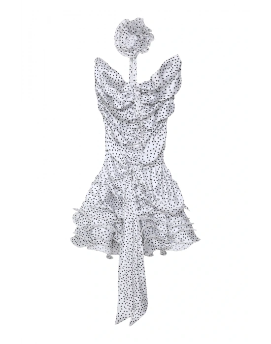 Puantiyeli Çiçek Detaylı Mini Elbise Ekru