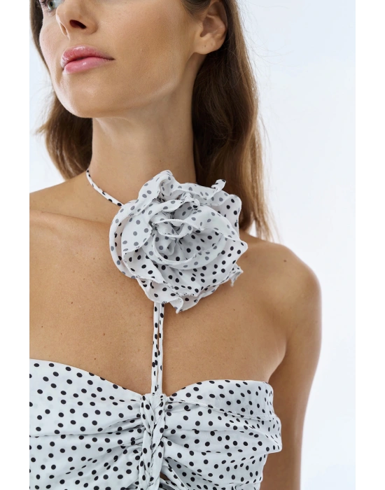 Puantiyeli Çiçek Detaylı Mini Elbise Ekru