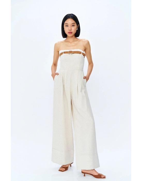 Kemerli Geniş Paça Straplez Keten Tulum Naturel