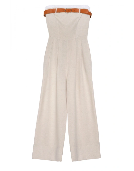 Kemerli Geniş Paça Straplez Keten Tulum Naturel