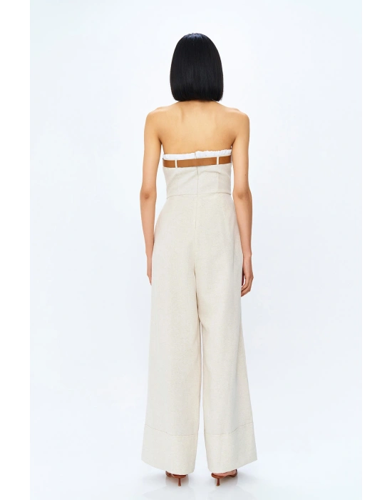 Kemerli Geniş Paça Straplez Keten Tulum Naturel