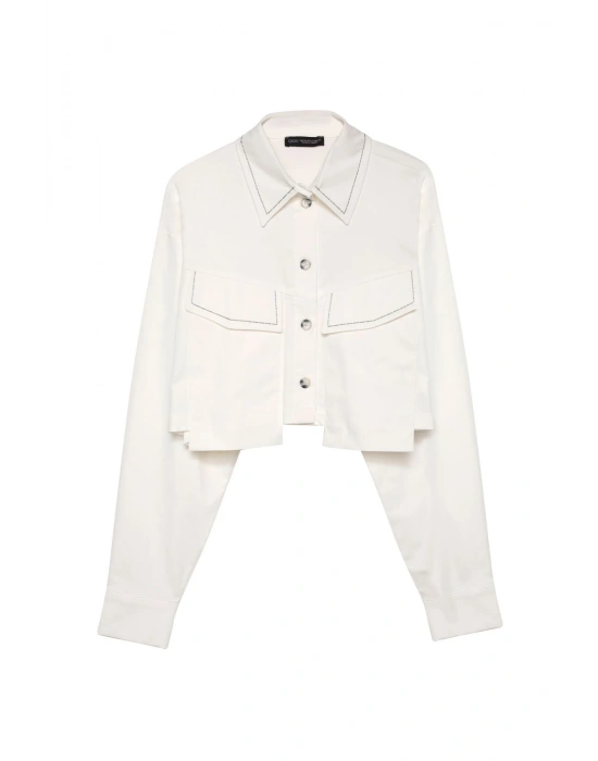 Sırt Düğmeli Nakışlı Crop Gömlek Ekru