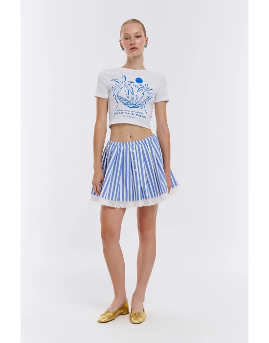 Dantel Detaylı Çizgili Pileli Etek Mavi