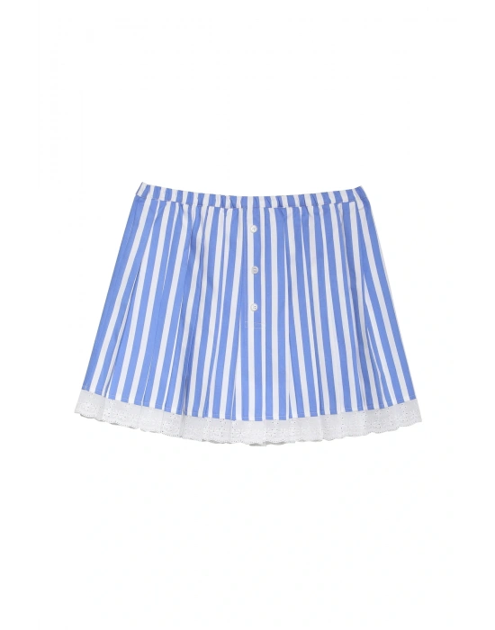 Dantel Detaylı Çizgili Pileli Etek Mavi