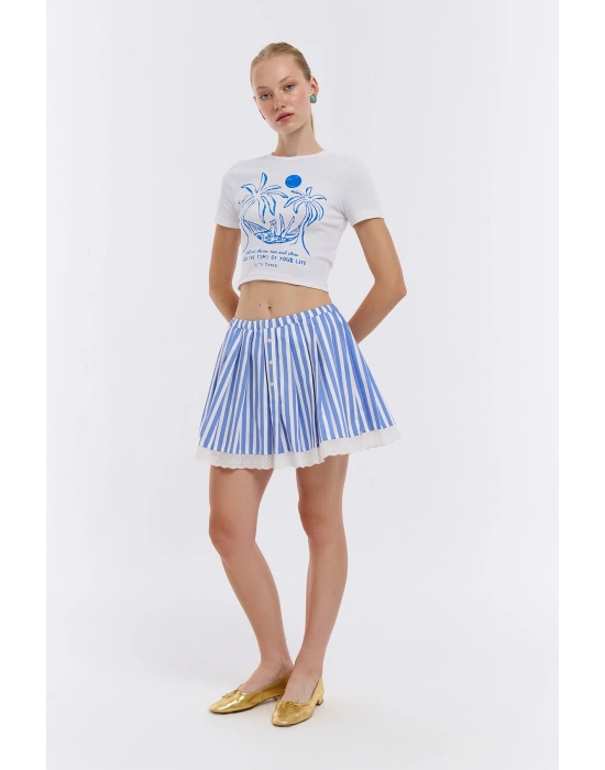 Dantel Detaylı Çizgili Pileli Etek Mavi