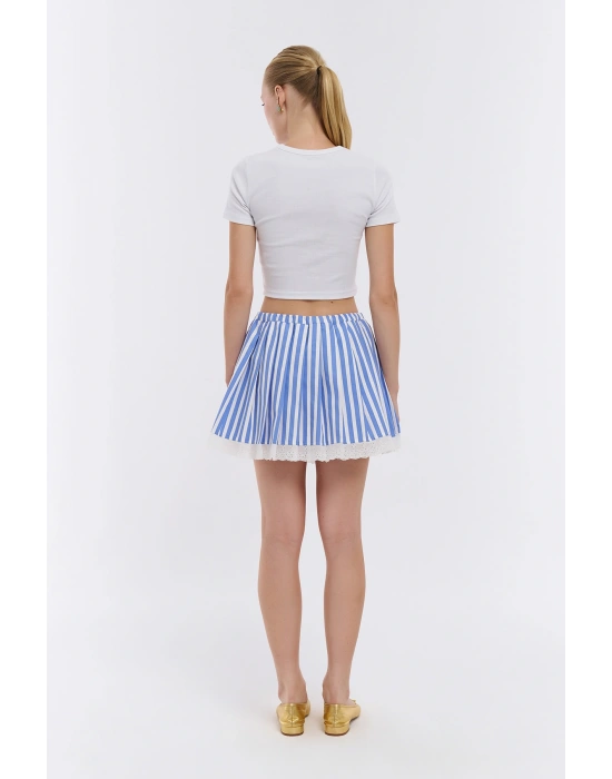 Dantel Detaylı Çizgili Pileli Etek Mavi