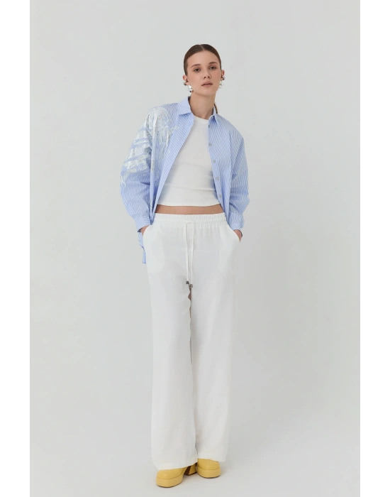 Beli Lastikli Bol Paça Pantolon Beyaz
