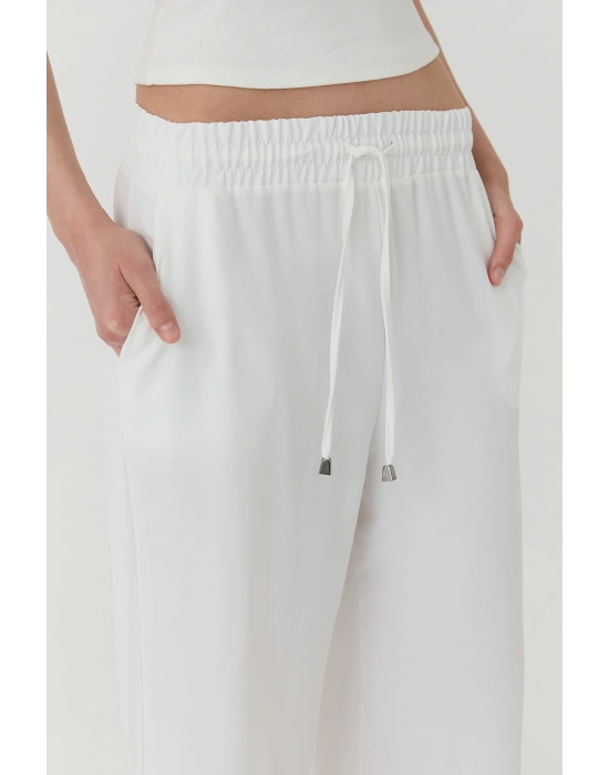 Beli Lastikli Bol Paça Pantolon Beyaz
