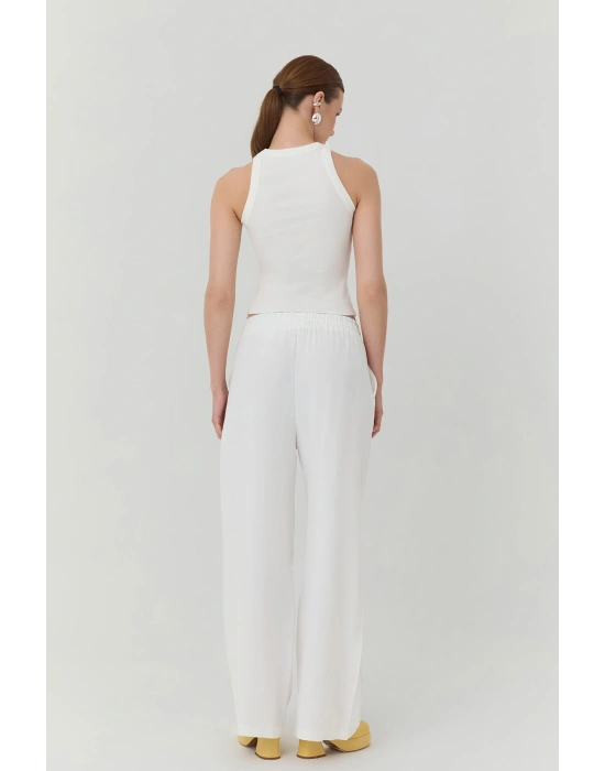 Beli Lastikli Bol Paça Pantolon Beyaz