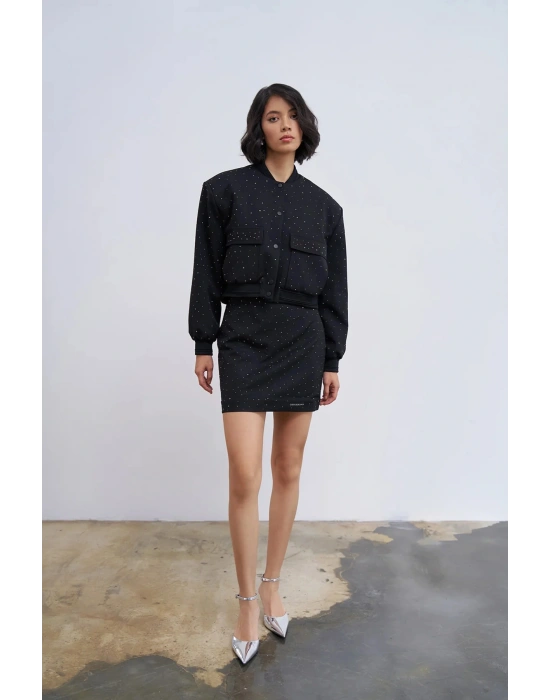 Parlak Taşlı Mini Etek Siyah