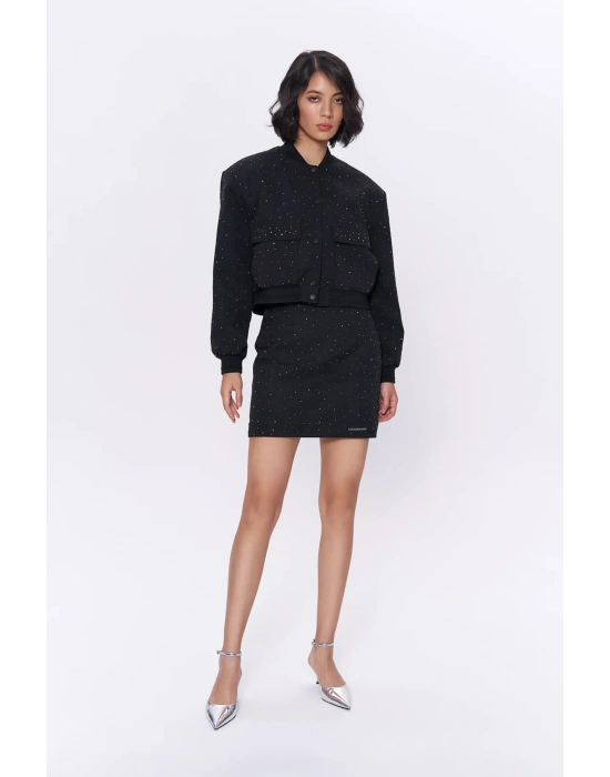 Parlak Taşlı Mini Etek Siyah