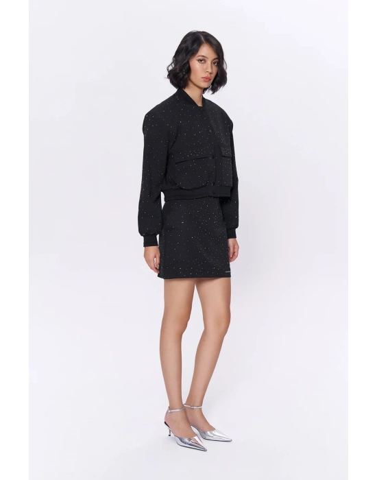 Parlak Taşlı Mini Etek Siyah