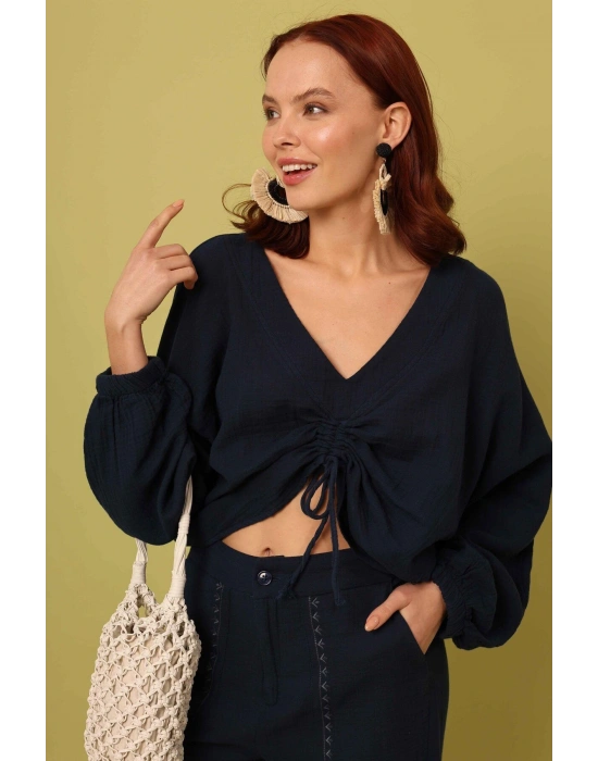 Önü Büzgülü Bluz Lacivert