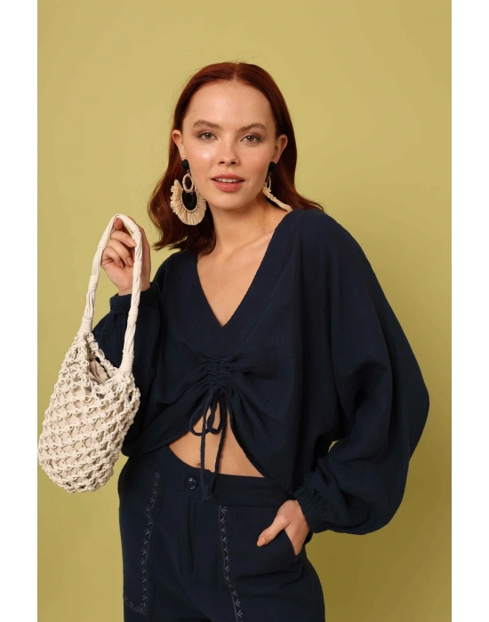 Önü Büzgülü Bluz Lacivert