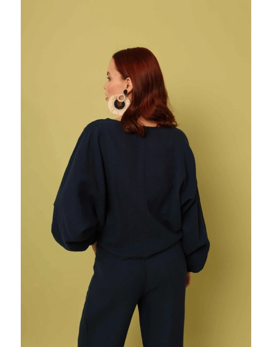 Önü Büzgülü Bluz Lacivert