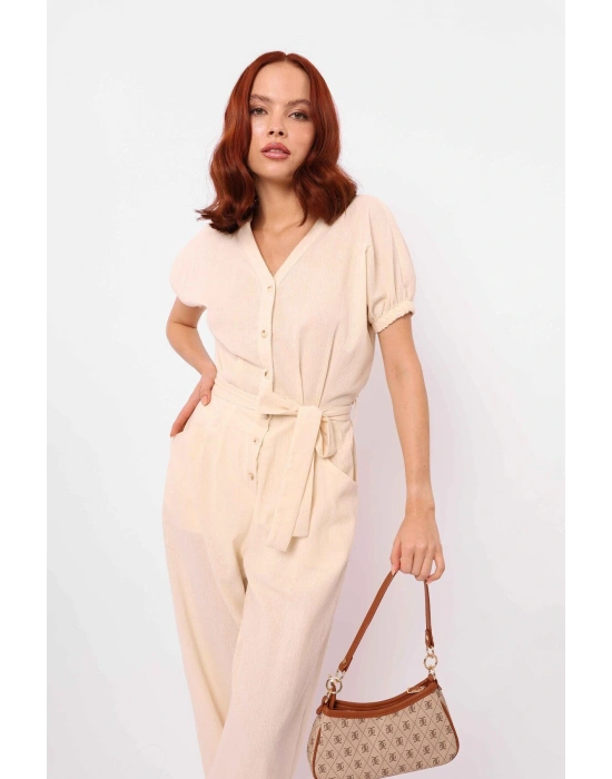 Kemerli Balon Kol Tulum Ekru