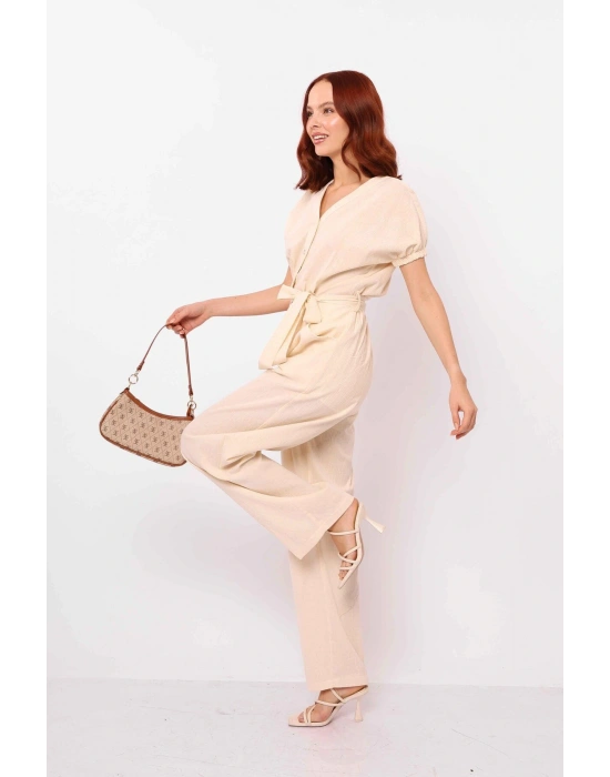 Kemerli Balon Kol Tulum Ekru