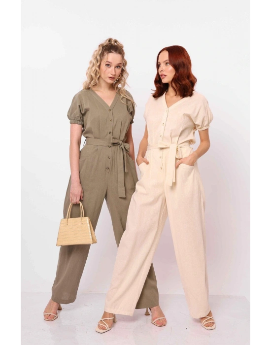 Kemerli Balon Kol Tulum Ekru