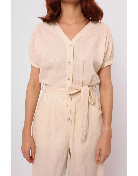 Kemerli Balon Kol Tulum Ekru