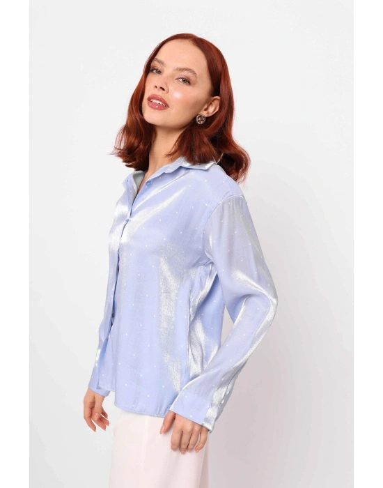 Saten Benekli Gömlek Mavi Beyaz