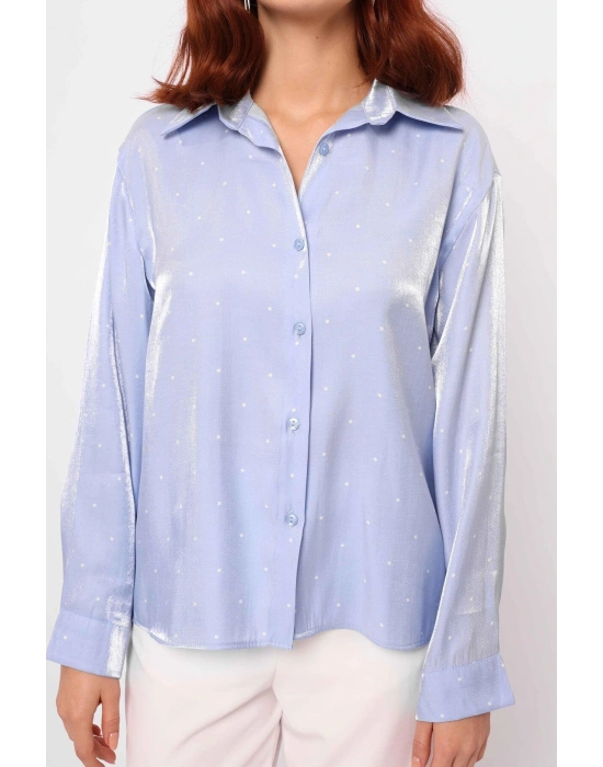 Saten Benekli Gömlek Mavi Beyaz