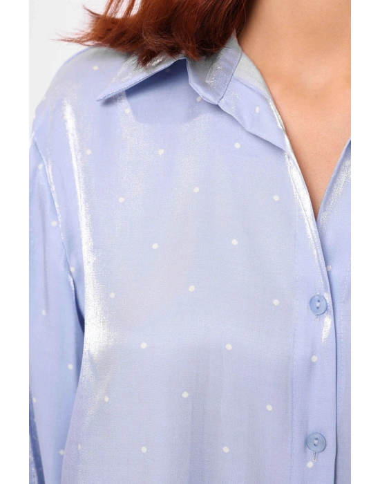 Saten Benekli Gömlek Mavi Beyaz