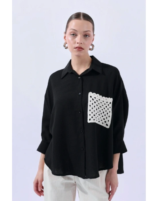 Örgü Cepli Siyah Gömlek 34158