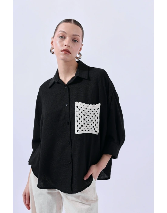 Örgü Cepli Siyah Gömlek 34158