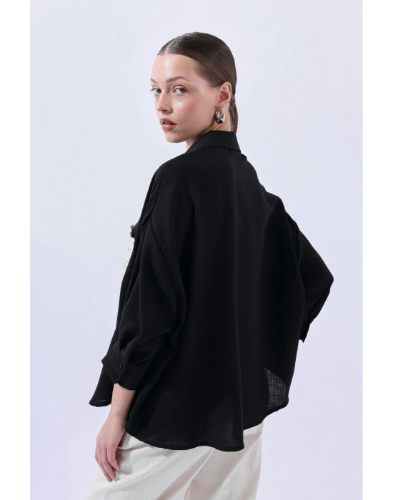 Örgü Cepli Siyah Gömlek 34158