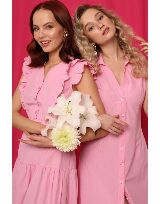 Kolları Fırfırlı Pembe Elbise