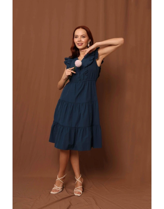 Kolları Fırfırlı Elbise İndigo