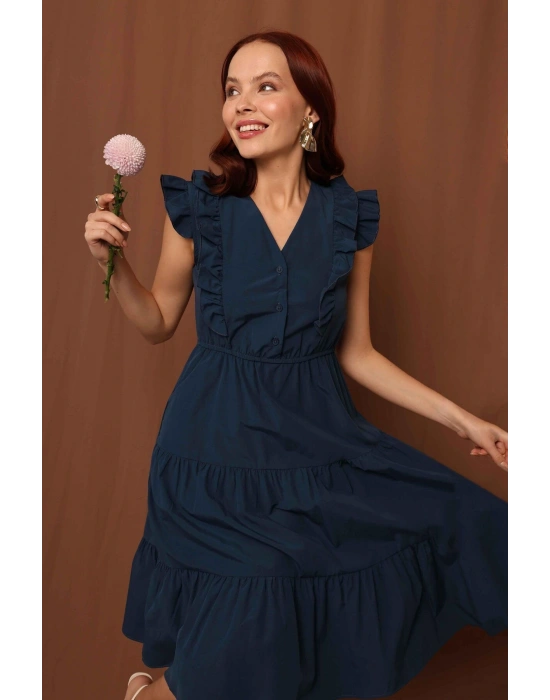 Kolları Fırfırlı Elbise İndigo