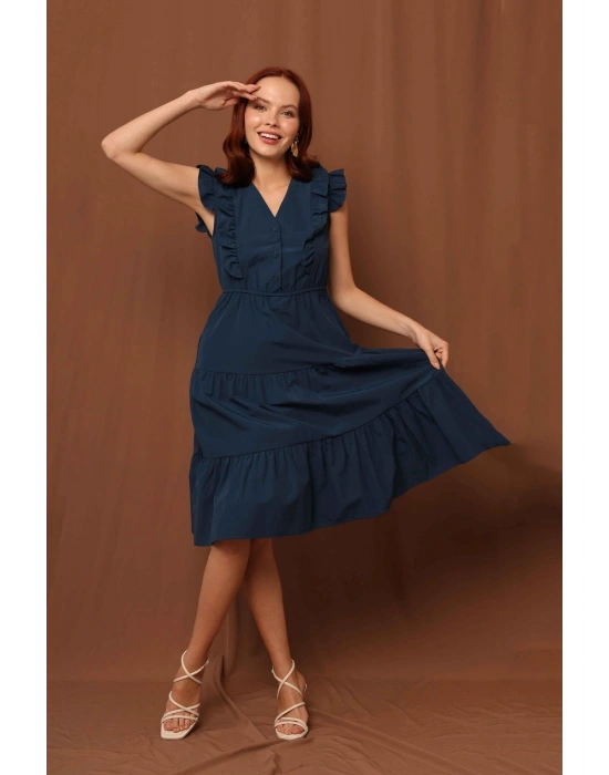 Kolları Fırfırlı Elbise İndigo