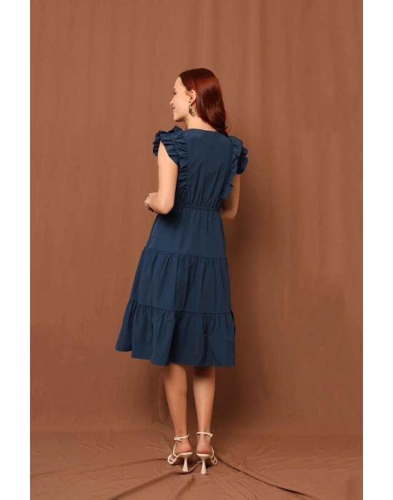 Kolları Fırfırlı Elbise İndigo