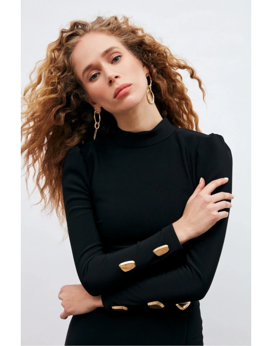 Düğme Detaylı Crop Bluz - Siyah