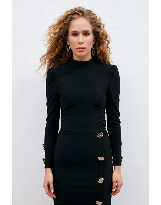 Düğme Detaylı Crop Bluz - Siyah