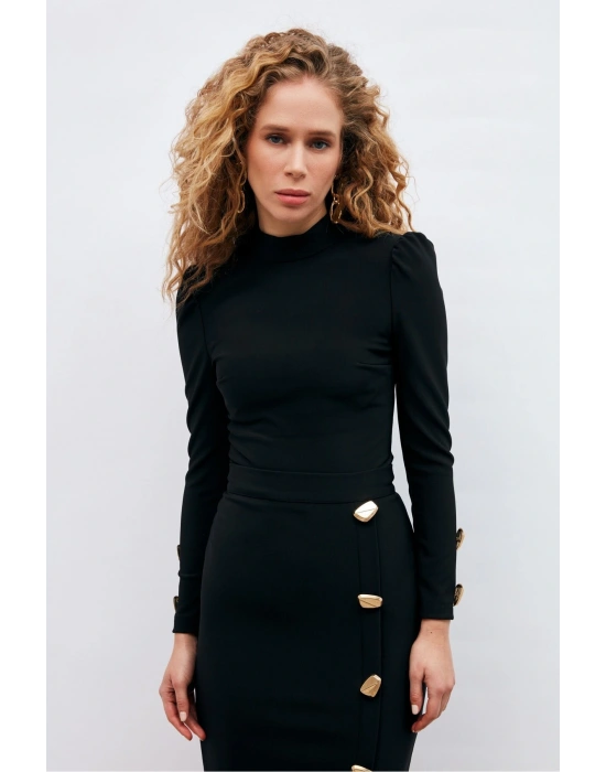 Düğme Detaylı Crop Bluz - Siyah