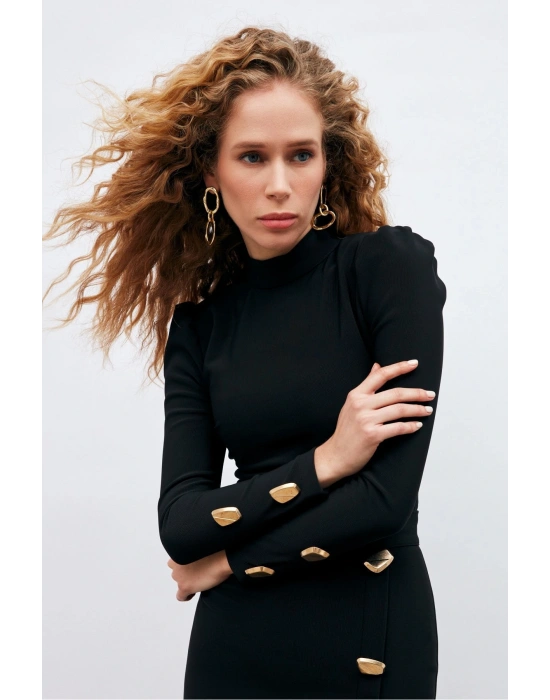 Düğme Detaylı Crop Bluz - Siyah