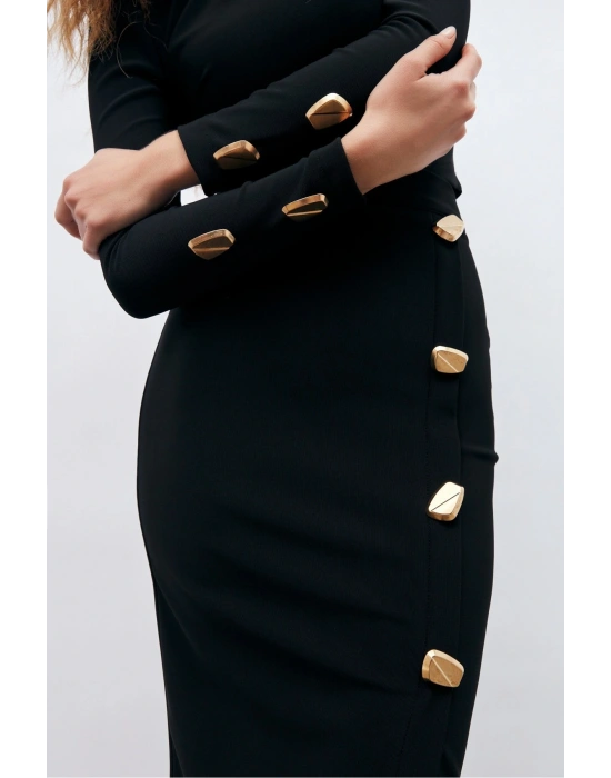 Düğme Detaylı Crop Bluz - Siyah