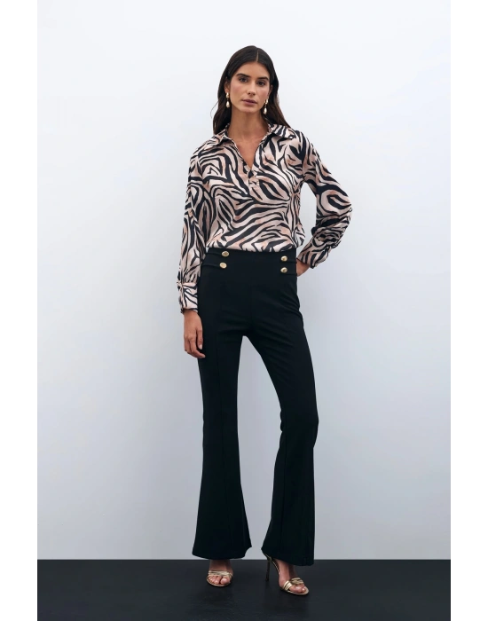 Desenli Gömlek Yaka Bluz - Siyah