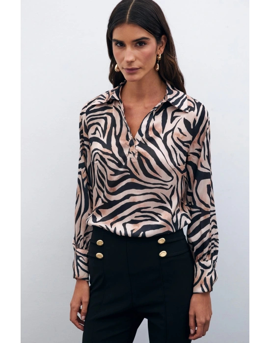 Desenli Gömlek Yaka Bluz - Siyah