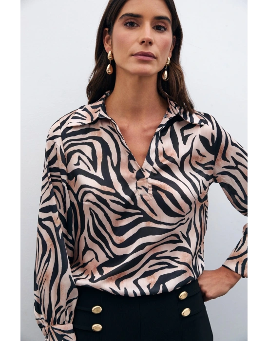 Desenli Gömlek Yaka Bluz - Siyah