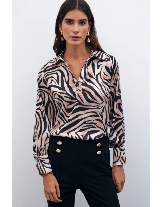 Desenli Gömlek Yaka Bluz - Siyah