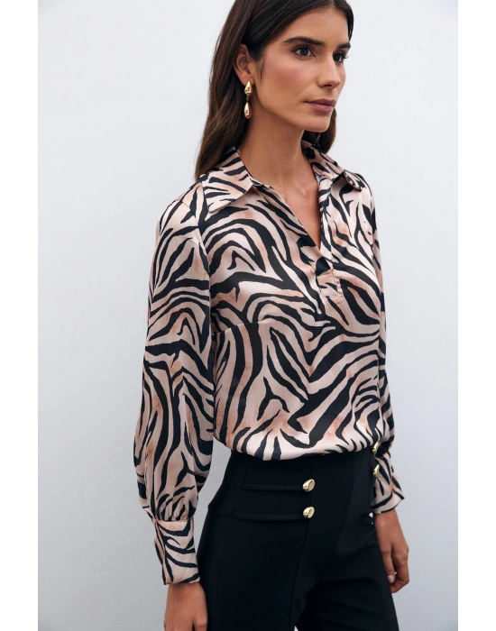 Desenli Gömlek Yaka Bluz - Siyah