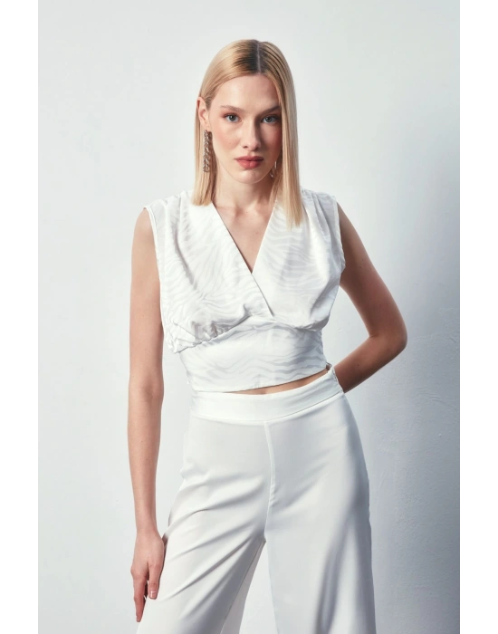 Kruvaze Desenli Saten Bluz - Ekru