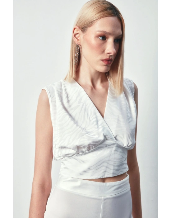 Kruvaze Desenli Saten Bluz - Ekru