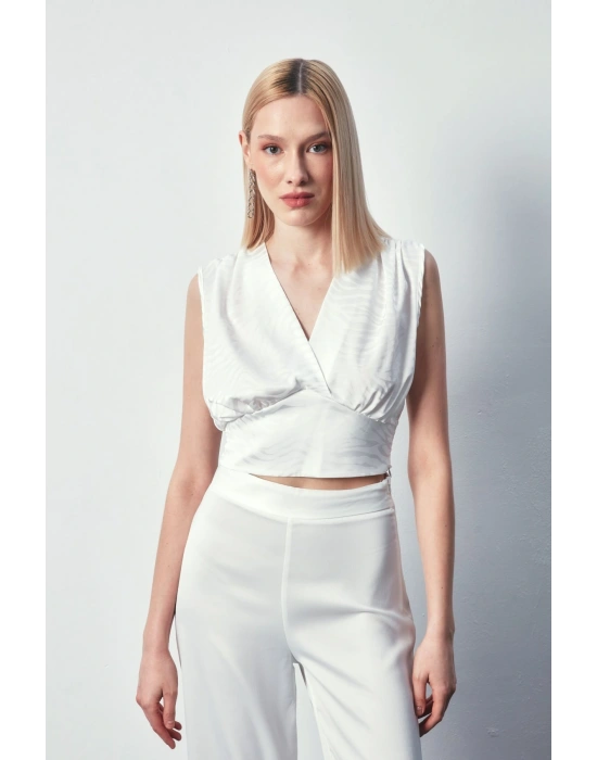 Kruvaze Desenli Saten Bluz - Ekru