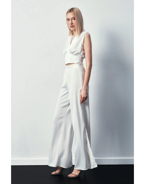 Kruvaze Desenli Saten Bluz - Ekru