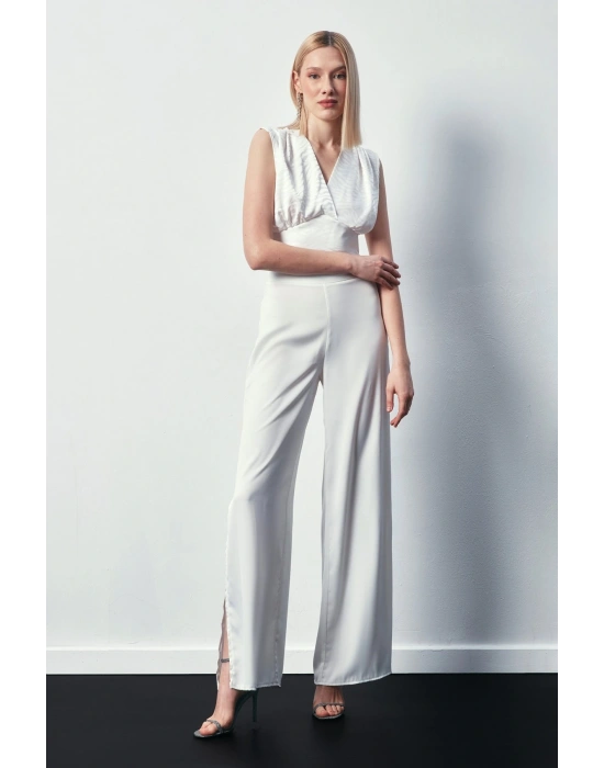 Kruvaze Desenli Saten Bluz - Ekru